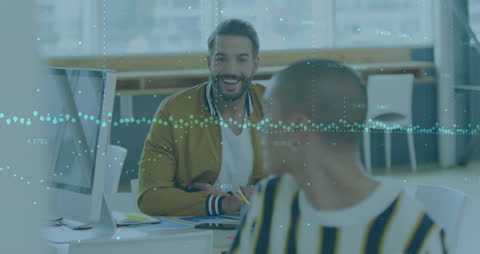 Financial Data Overlay on Business Team in Modern Office Setting