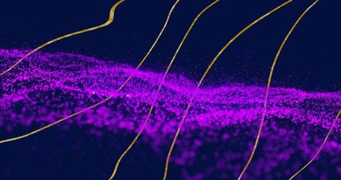Flowing magenta particle wave with golden arcs across deep navy for branding