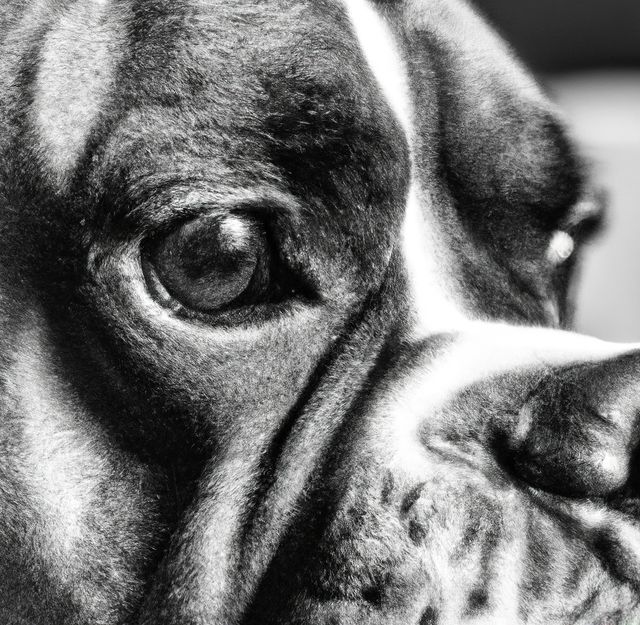 This image features a close-up of a Boxer dog's face, focusing on the eye and facial expression. The black-and-white coloring accentuates details like wrinkles and the soulful gaze, making it perfect for use in pet adoption materials, veterinary advertisements, or articles about dog breeds. The emotional expression can also serve as powerful visual content for websites, blogs, and social media posts aiming to evoke interest in animal conservation or pet care.