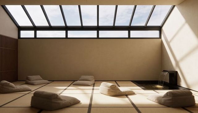 Minimal zen spa room with tatami mats, skylight shadows and tranquil water feature
