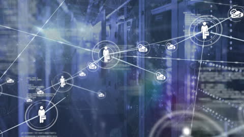 Digital Networking Icons Overlaid on Modern Server Room