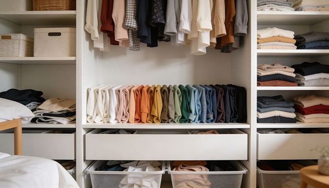 Minimalist closet organizing folded pants in rainbow gradient with hanging shirts and shelves