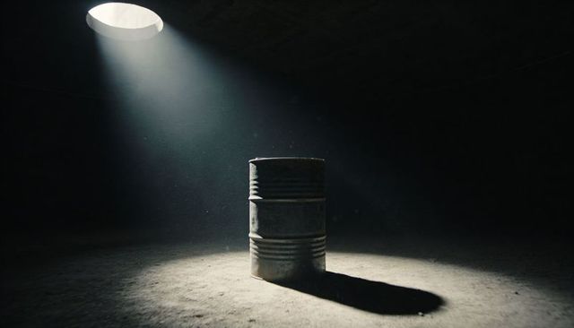 Rusted Metal Barrel Standing Beneath Circular Skylight Casting Long Shadow in Dusty Warehouse