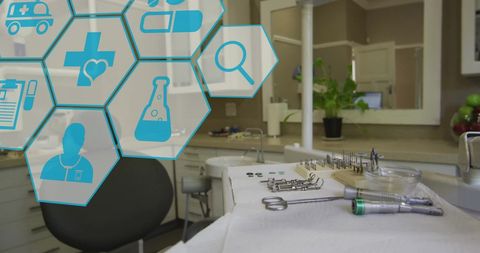 Modern Medical Icons in Dentist's Office with Digital Overlay