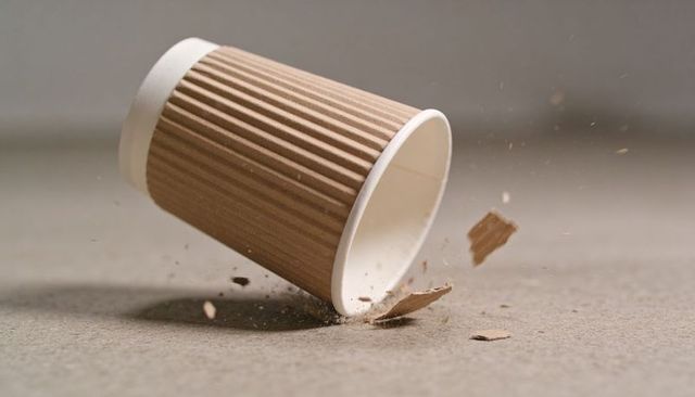 Tipping paper coffee cup with ribbed cardboard sleeve crumbling into dust and fragments