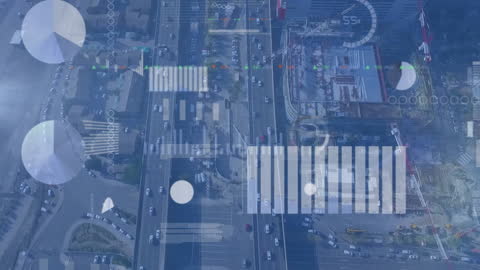 Animated Data Processing Over Bustling Cityscape