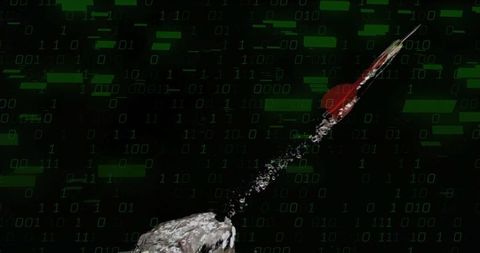 Futuristic metal rocket launch in digital binary stream