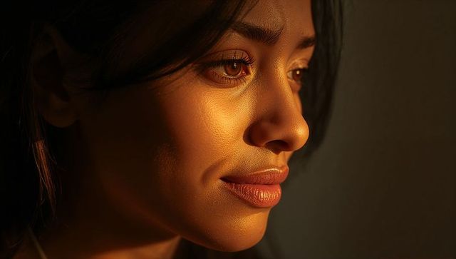 Gazing woman bathing in golden chiaroscuro light, close-up profile with warm skin texture