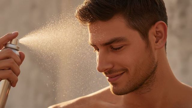 Sunlit close-up man spraying facial mist during grooming routine skincare advertising