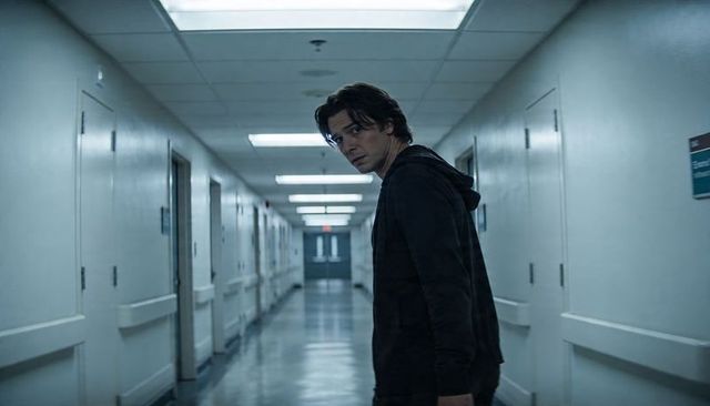 Man in dark hoodie turning back in hospital corridor with fluorescent panels and glossy floor