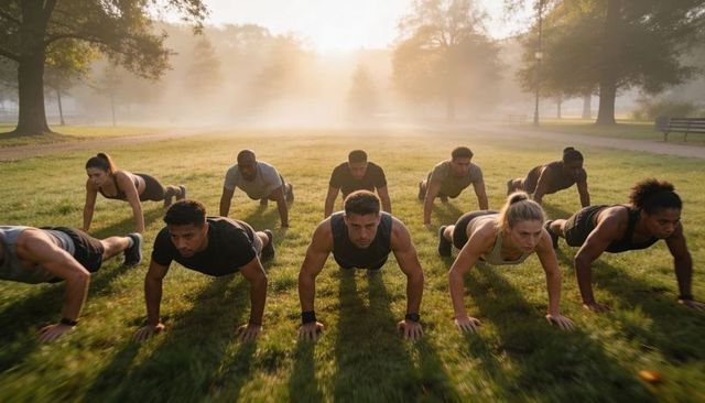 Early morning group doing push-ups in park — outdoor fitness bootcamp training at sunrise