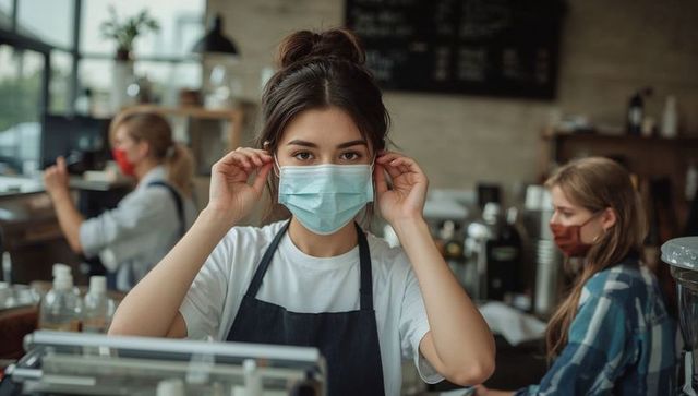 Young barista adjusting surgical mask behind busy cafe counter