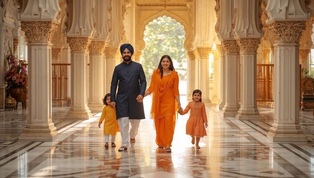 Family walking in ornate marble palace wearing navy kurta, turban and orange salwar