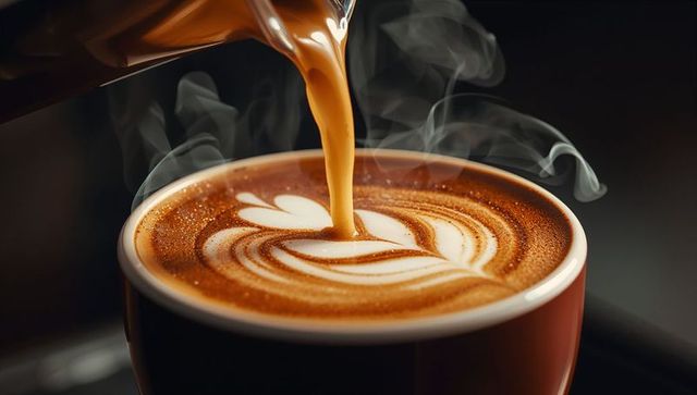 Barista Crafting Leaf Latte Art with Steamed Milk in Ceremic Cup