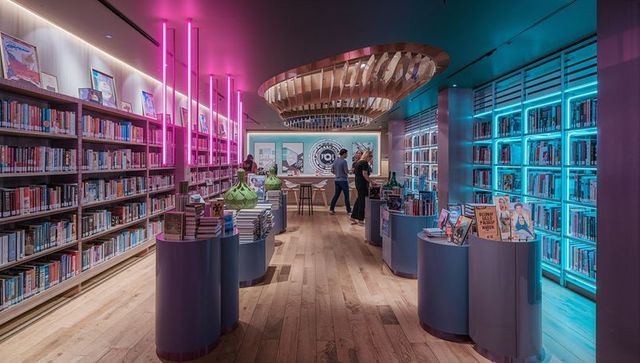Browsing and conversing in neon-lit modern bookstore interior with cyan and magenta ambience