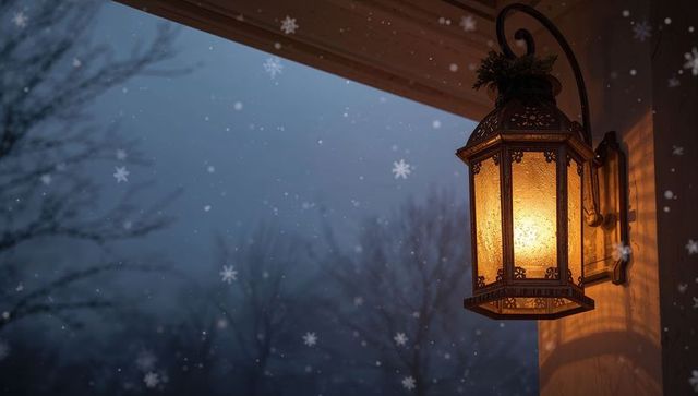 Glowing antique lantern casting warm amber light on porch siding during gentle snowfall