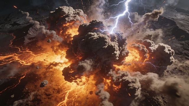 Erupting volcanic crater: towering pyroclastic cloud, glowing lava flows and lightning