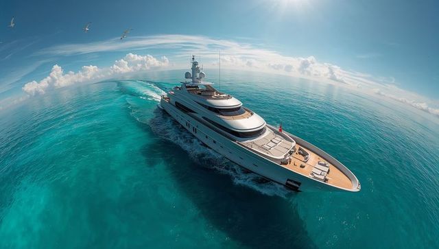 Luxury motor yacht cruising turquoise ocean with sunlit teak foredeck and foamy wake