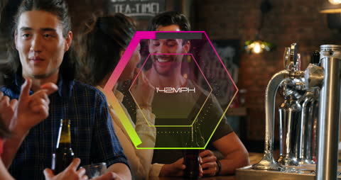 Animated Speedometer Overlaying Couples Socializing at Bar