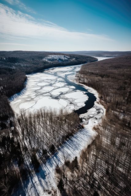 This mesmerizing image captures an aerial view of a frozen river winding through a snow-covered winter forest on a sunny day. The contrast of the dark water against the ice provides a stunning visual appeal. Useful for illustrating concepts related to winter scenery, natural beauty, and seasonal changes, as well as outdoor and holiday promotions.