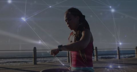 Woman monitoring fitness challenge outdoors with digital overlay