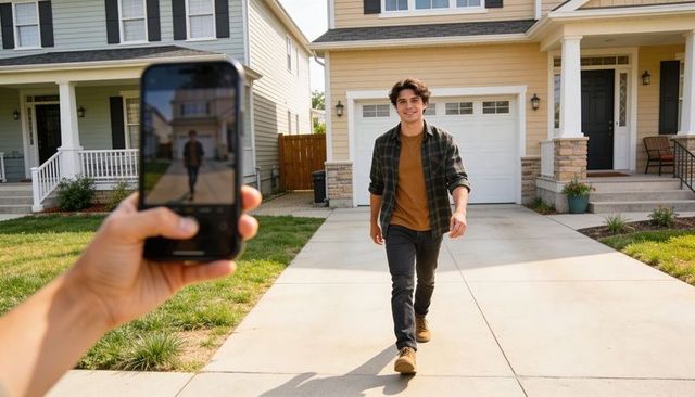 Young man walking on suburban driveway while smartphone framing candid portrait