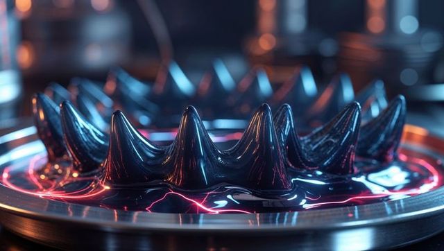 Ferrofluid spikes in magnetic field with neon led reflections