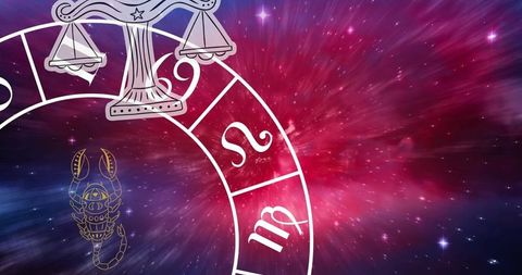 Zodiac Wheel with Libra and Scorpio on Cosmic Galaxy Background