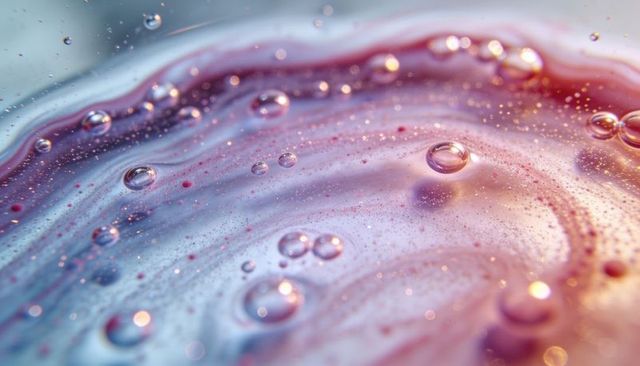 Iridescent liquid swirling with oil droplets and glitter closeup macro abstract texture