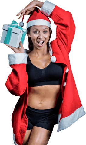 Transparent Excited Woman in Santa Costume Holding Christmas Gift
