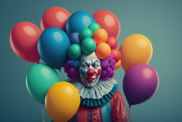 Scary clown with balloons, created using generative ai technology. Evil clown and scare concept digitally generated image.