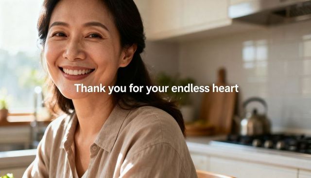 Smiling asian woman in sunlit modern kitchen expressing warm gratitude with thank-you overlay