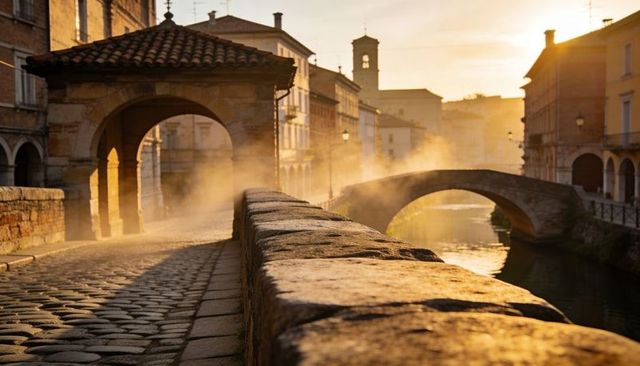 Leading stone parapet guiding along cobblestone canal toward arched bridge in golden mist