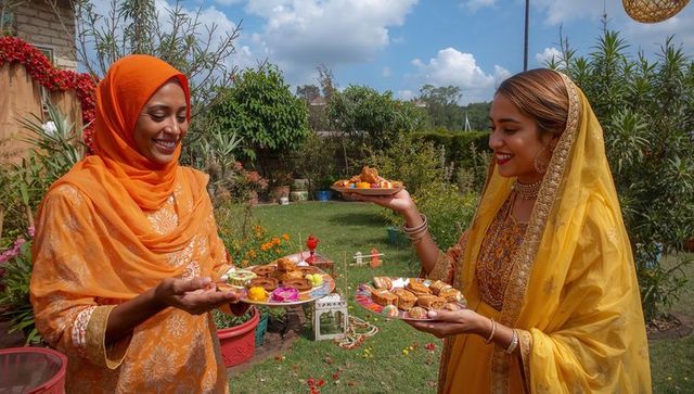Two women sharing festive sweets in colorful outdoor garden, wearing headscarf and dupatta
