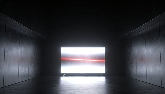 Backlit LED Display in Minimal Concrete Gallery Reflecting Red Light Streak on Floor