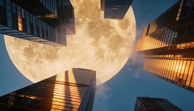 Giant full moon looming above reflective glass skyscrapers forming urban canyon at sunset