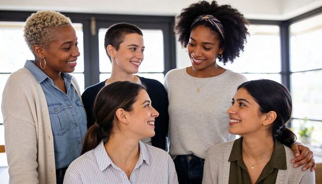 Multiracial women collaborating and smiling in bright office teamwork and empowerment group