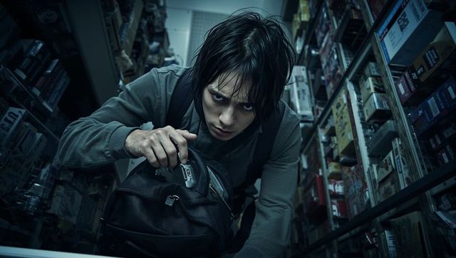 Tense young man reaching into backpack while searching dim retail aisle with metal shelves