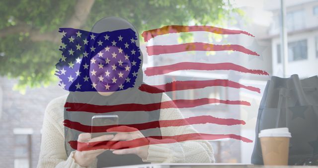 A Biracial woman in a hijab with an American flag overlay symbolizes cultural diversity.