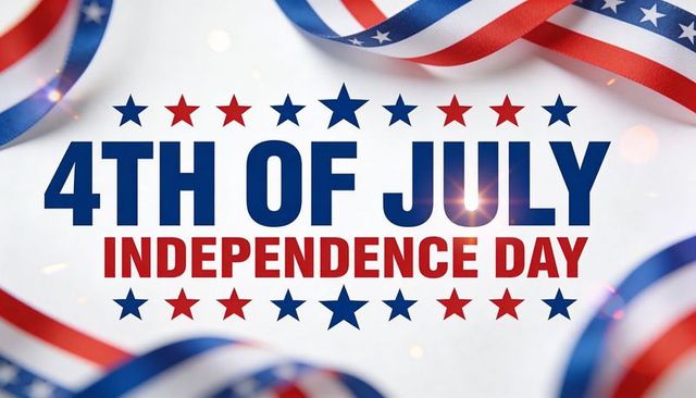 4th of july independence day banner featuring stars, stripes and red white blue ribbons