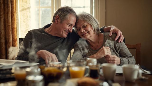 Senior couple embracing during sunlit breakfast, sharing coffee, pastries and tender smiles