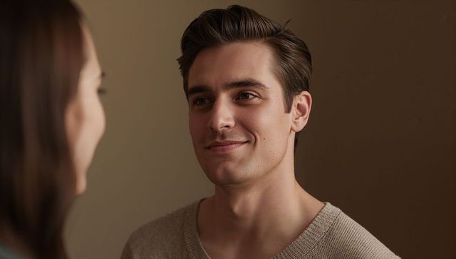 Young man smiling and leaning toward woman in cozy home couple portrait
