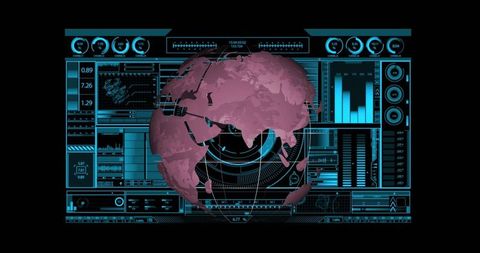 Futuristic digital dashboard with 3d globe and analytics tools