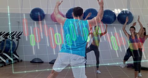 Male fitness instructor leading group balance workout with stability ball and data overlay