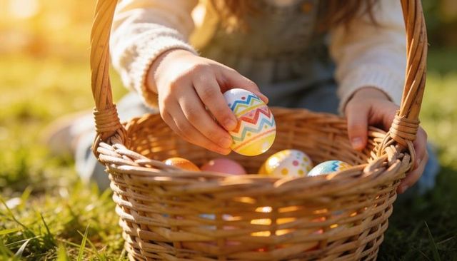 Child collecting colorful easter eggs in wicker basket during golden hour