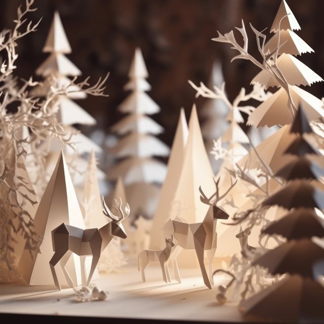 White origami forest and woodland animals in winter at night, created using generative ai technology. Nature, seasons, wildlife and paper craft concept digitally generated image.