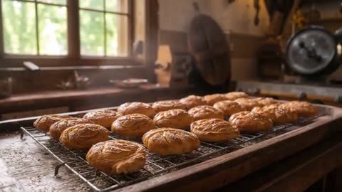 Low-Angle Panning of Golden Scones Cooling on Wire Rack in Rustic Farmhouse Kitchen