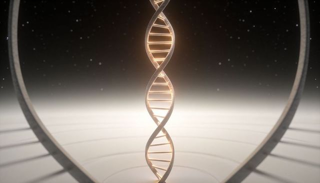 Glowing dna double helix rising on futuristic pedestal framed by metallic arches and mist