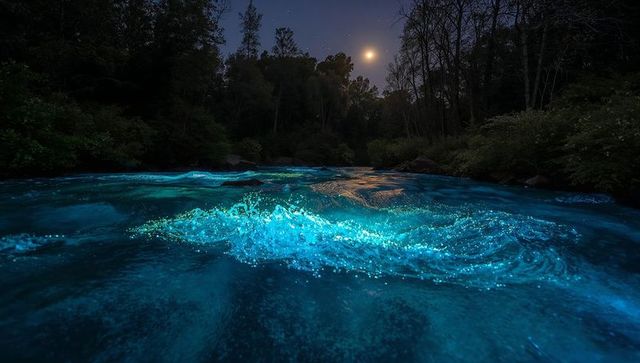 Moonlit bioluminescent river flowing through forest rapids with blue glow