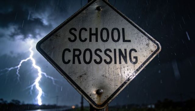 Weathered school crossing sign glimmering in rain with dramatic lightning strike